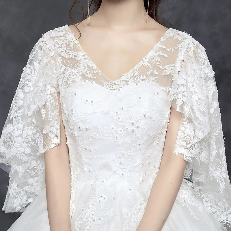 White Ball Gown Women Wedding Dresses Tulle Lace V Neck Bridal Gowns