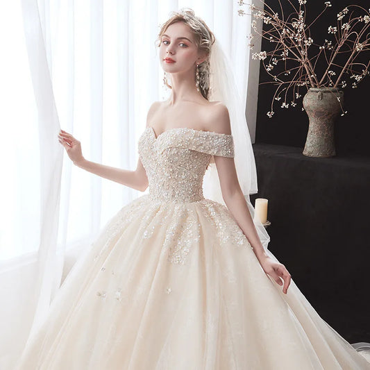 Champagne Ball Gown Women Sequins Off ShoulderGowns