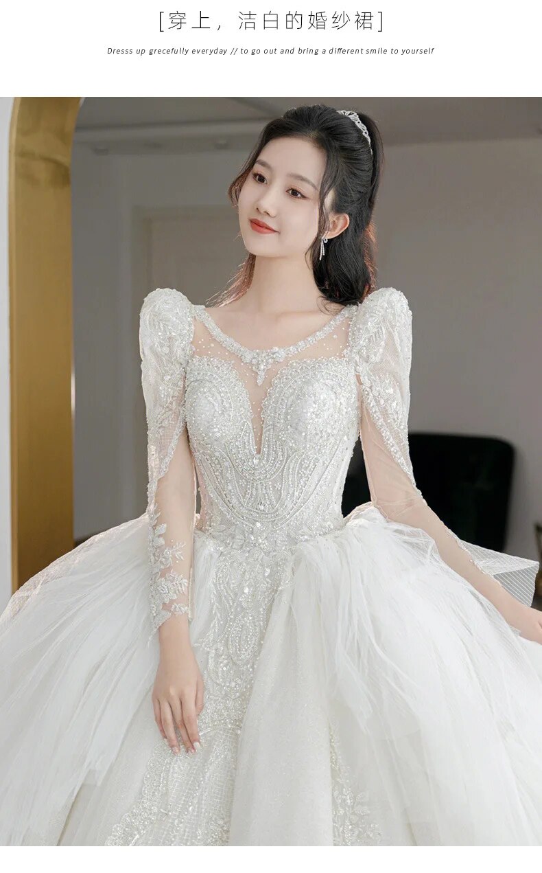 off white Plus Size Wedding Dresses Long Sleeve Luxury CRYSTAL Edge