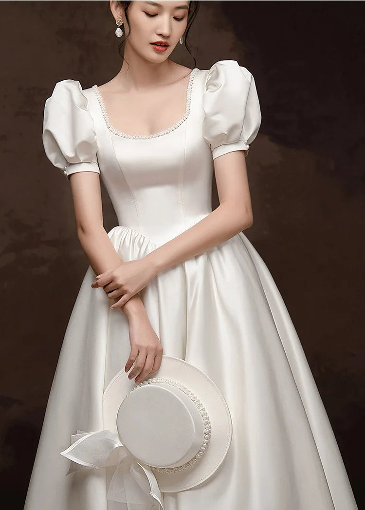 French Style White Satin Puff Sleeve Backless Lace Up Floor Length Gowns