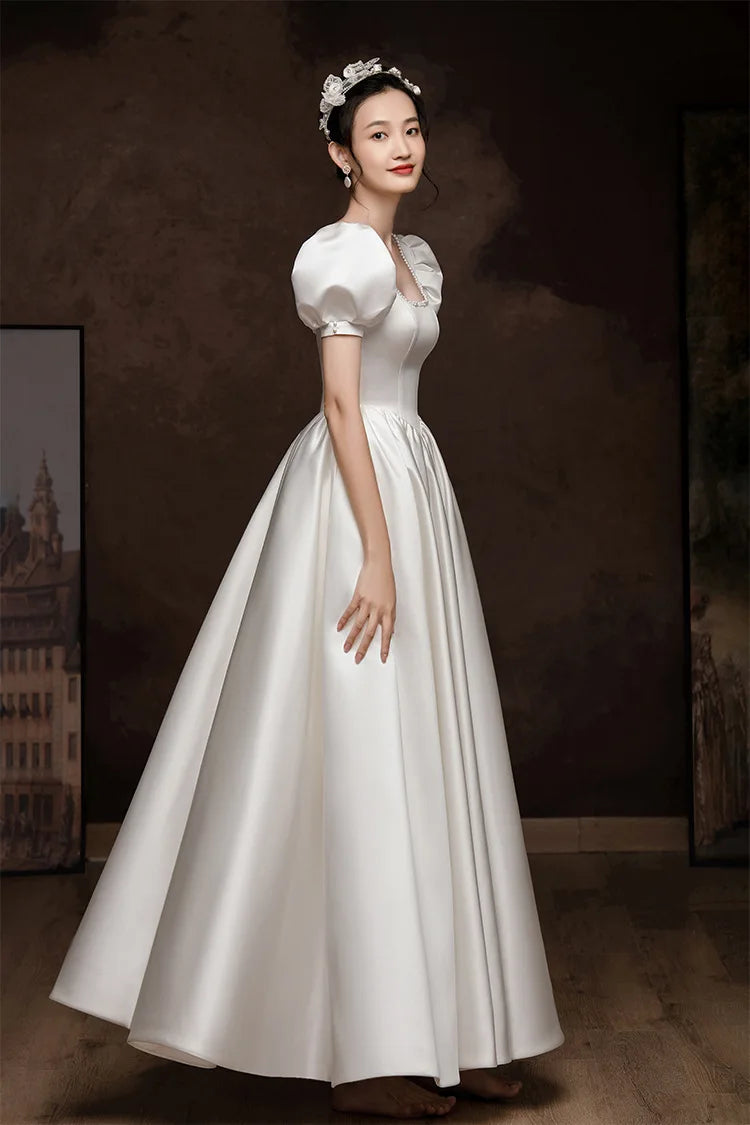 French Style White Satin Puff Sleeve Backless Lace Up Floor Length Gowns