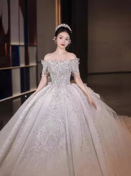 Boat Neck Handmade Beading Exquisite Off The Shoulder Princess Ball Gowns