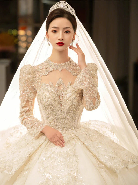 Winter Retro Vintage Wedding Dress For Bridals Long Sleeve Lace Appliques Beading Princess Ball Gown