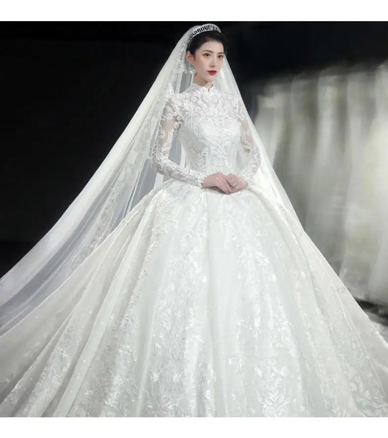 Long Sleeved Tradition style lace Embroidery Starry Princess Ball Gowns