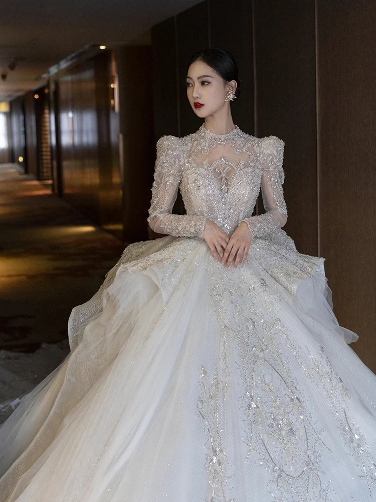 Long Sleeve Wedding Dress High Neck Backless Bride Dress Sexy Luxury Blingbling Wedding Gowns