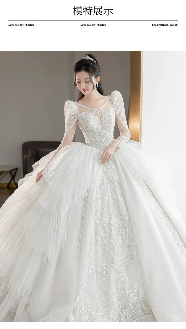 off white Plus Size Wedding Dresses Long Sleeve Luxury CRYSTAL Edge