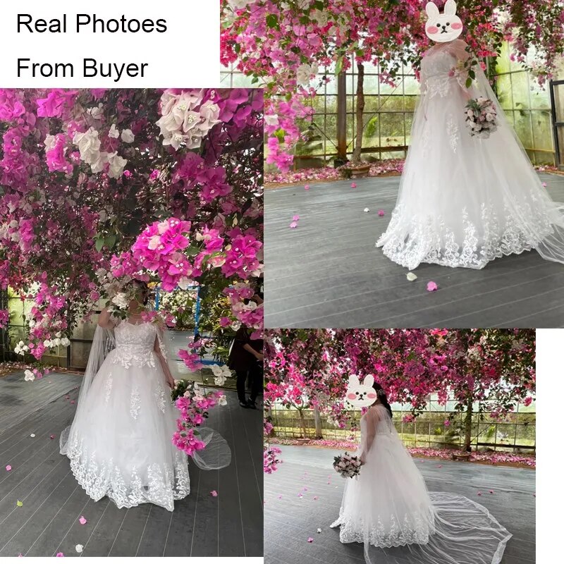 Long Cap Lace Wedding Gown With Long Train Embroidery Bridal Dress