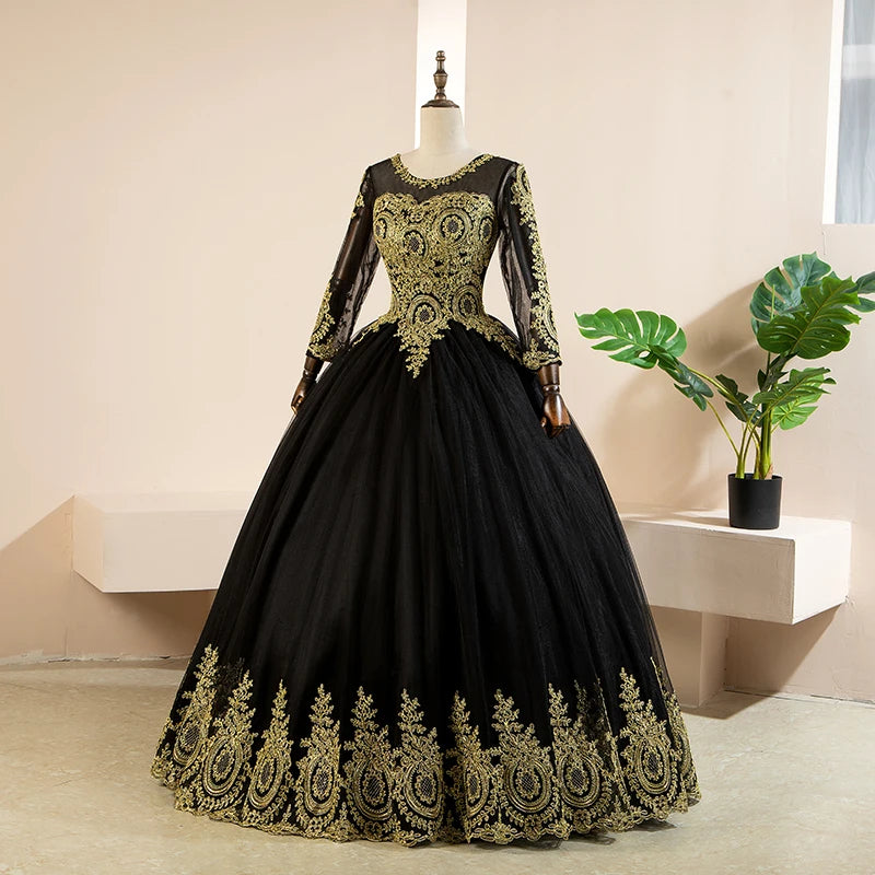 Long Sleeve Quinceanera Dresses Black With Gold Appliques Lace Prom Ball Gown