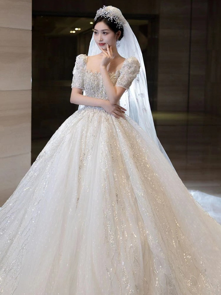 Short Sleeve Beading Wedding Dress Big Train Bride Dresses Tuller Ball Gown