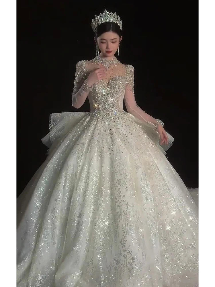 High End Long Sleeved Wedding Dress Bride Ball Gown  Princess Exquisite Vintage