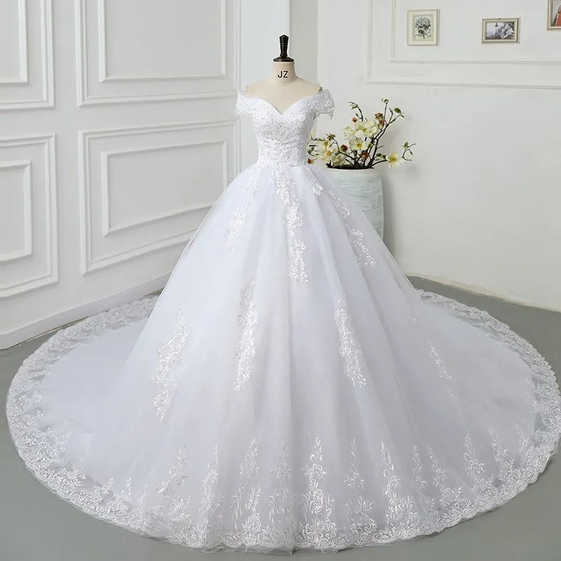 Pretty Off The Shoulder Lace Vintage Appliques Beading Bridal Gown