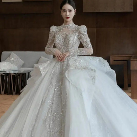 Long Sleeve Wedding Dress High Neck Backless Bride Dress Sexy Luxury Blingbling Wedding Gowns