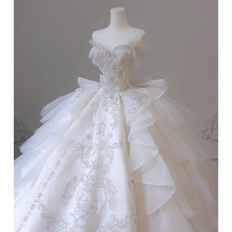 Tulle Sequins Appliques Bridal Elegant Ball Gown Women Wedding Dresses