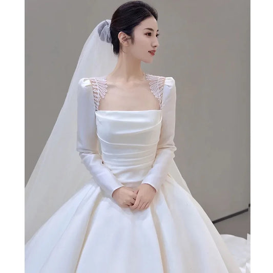 Square Collar Bridal Dress With Long Sleeve Wedding Dresses Ball Gown