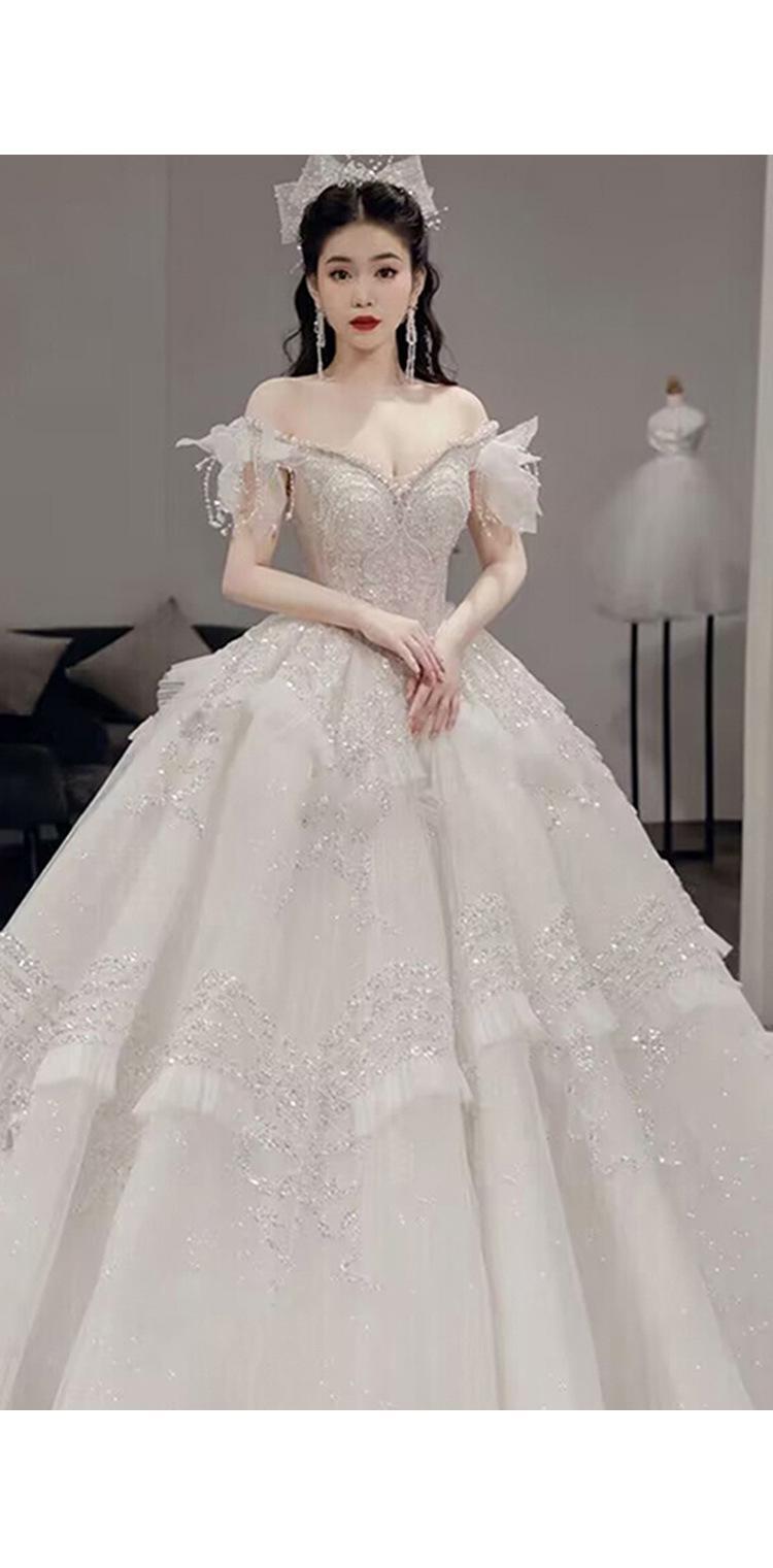 Off The Shoulder Luxury Wedding Dress With Pearls Lace Up Sexy Sleeveless Bride Ball Gown Vestido De Noiva Sweep Train