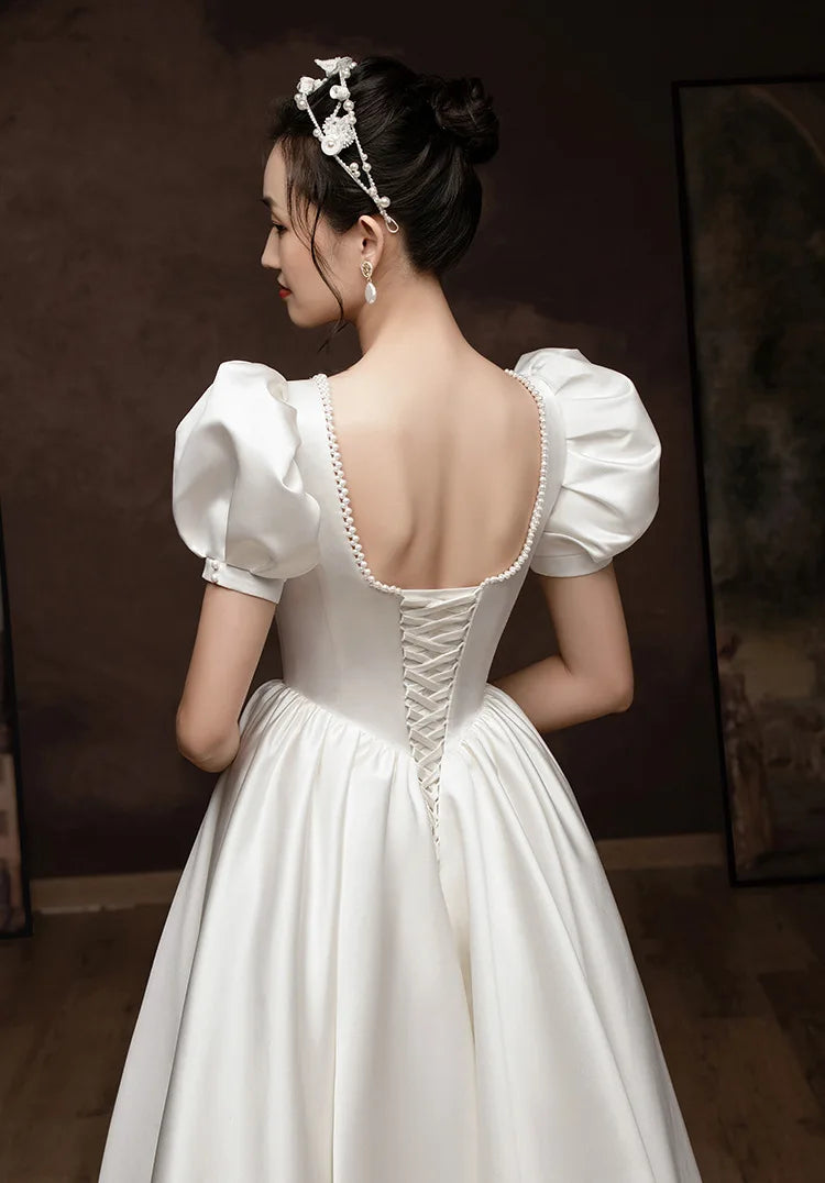 French Style White Satin Puff Sleeve Backless Lace Up Floor Length Gowns