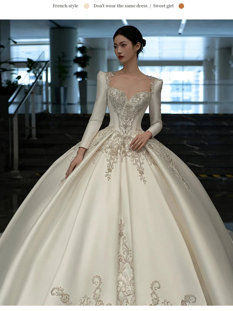 Exquisite Wedding Dress Long Sleeve Satin Embroidery Simple Elegant Bridal Gowns