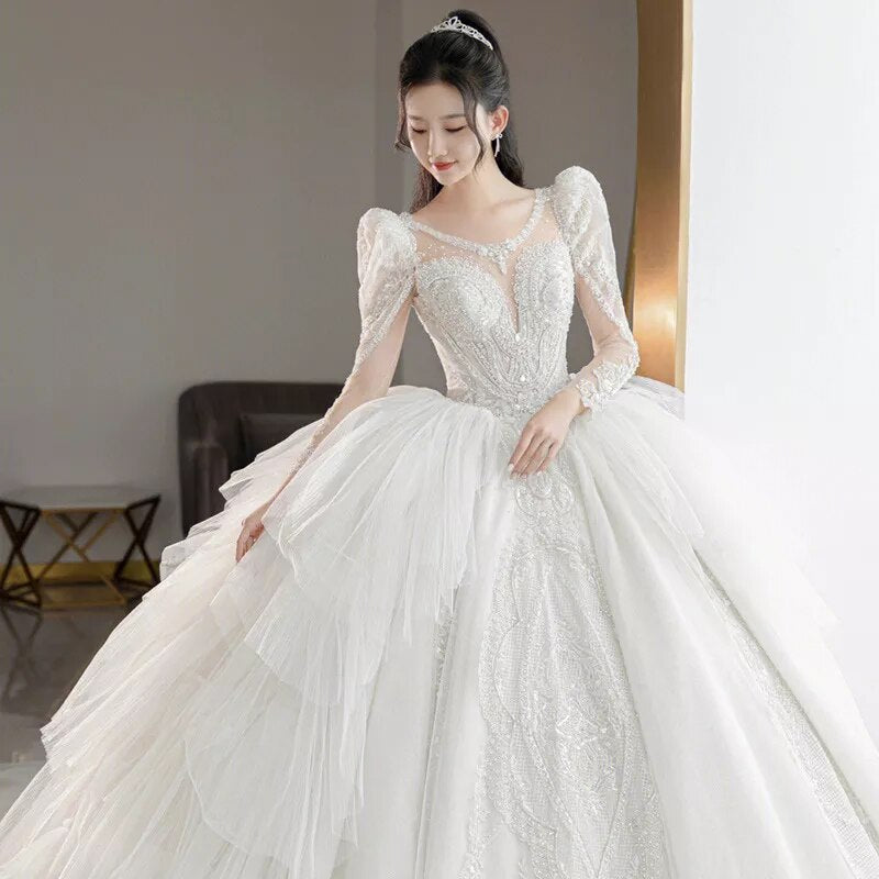 off white Plus Size Wedding Dresses Long Sleeve Luxury CRYSTAL Edge