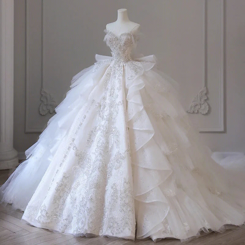 Tulle Sequins Appliques Bridal Elegant Ball Gown Women Wedding Dresses