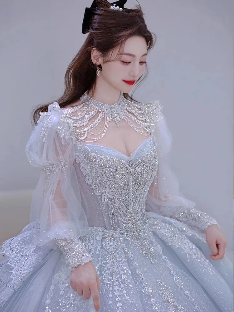 Long Sleeved Exquisite Shiny light blue Wedding Dress Embroidered Lace Sequined Vintage Bridal Gown With Bow And Beading