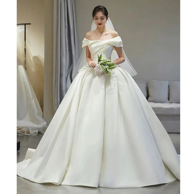 White Satin Women Off Shoulder Bridal Ball Gown