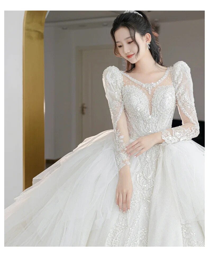 off white Plus Size Wedding Dresses Long Sleeve Luxury CRYSTAL Edge