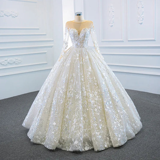 Elegant Ball Gown Wedding Appliques Long Sleeves Bridal