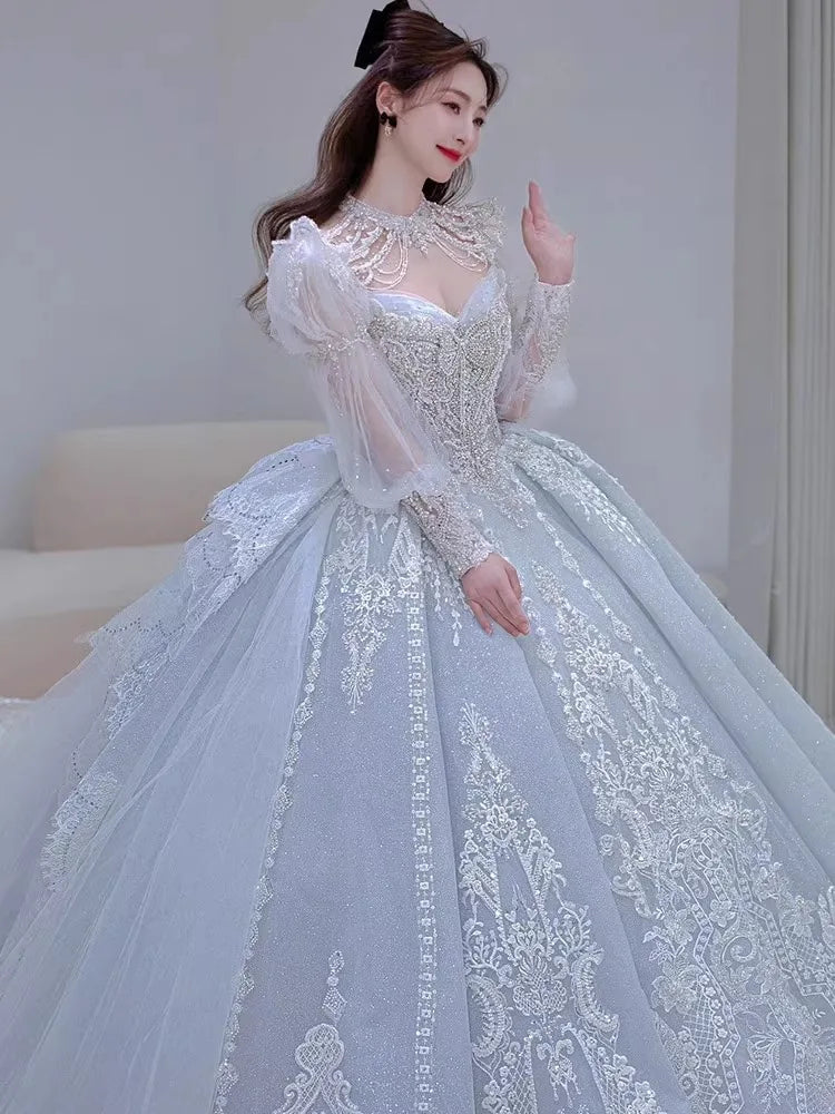 Long Sleeved Exquisite Shiny light blue Wedding Dress Embroidered Lace Sequined Vintage Bridal Gown With Bow And Beading