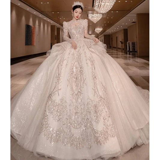 High Neck Long Sleeve Bead Bridal Gown Cathedral Train