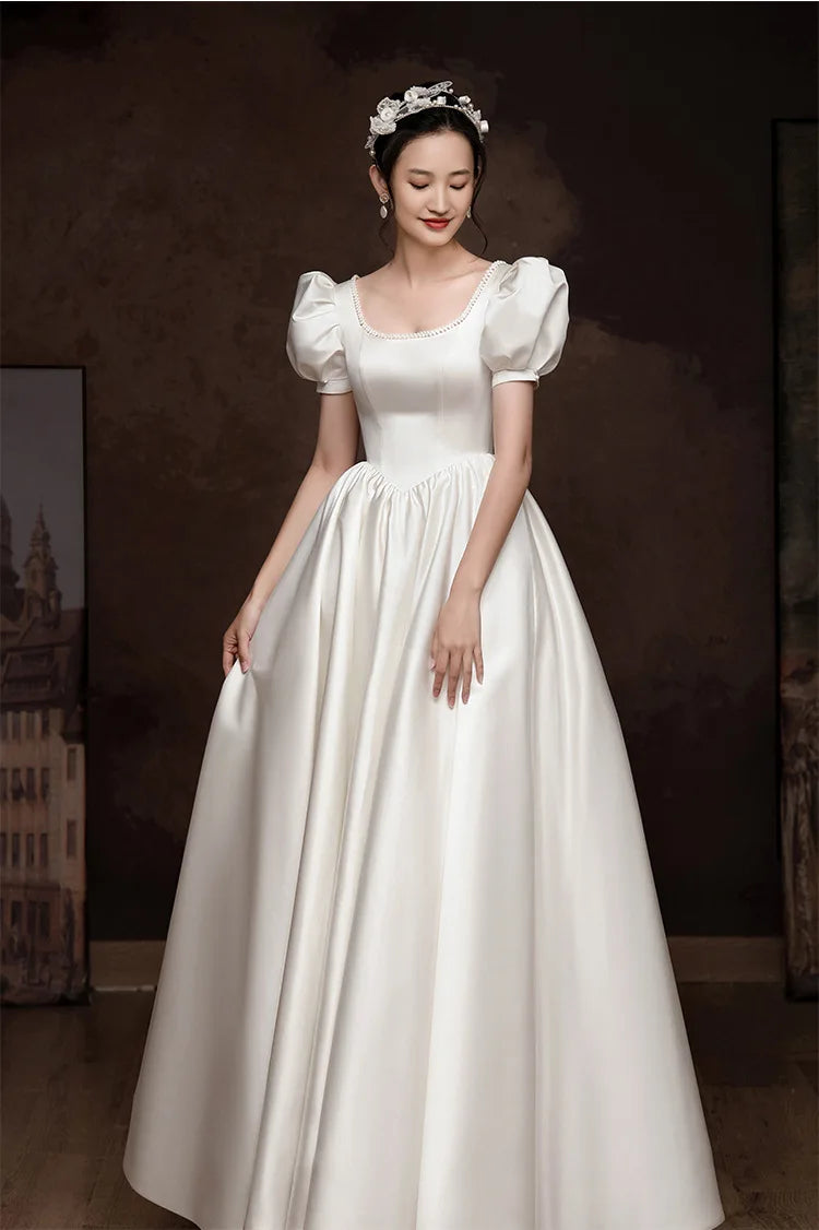 French Style White Satin Puff Sleeve Backless Lace Up Floor Length Gowns