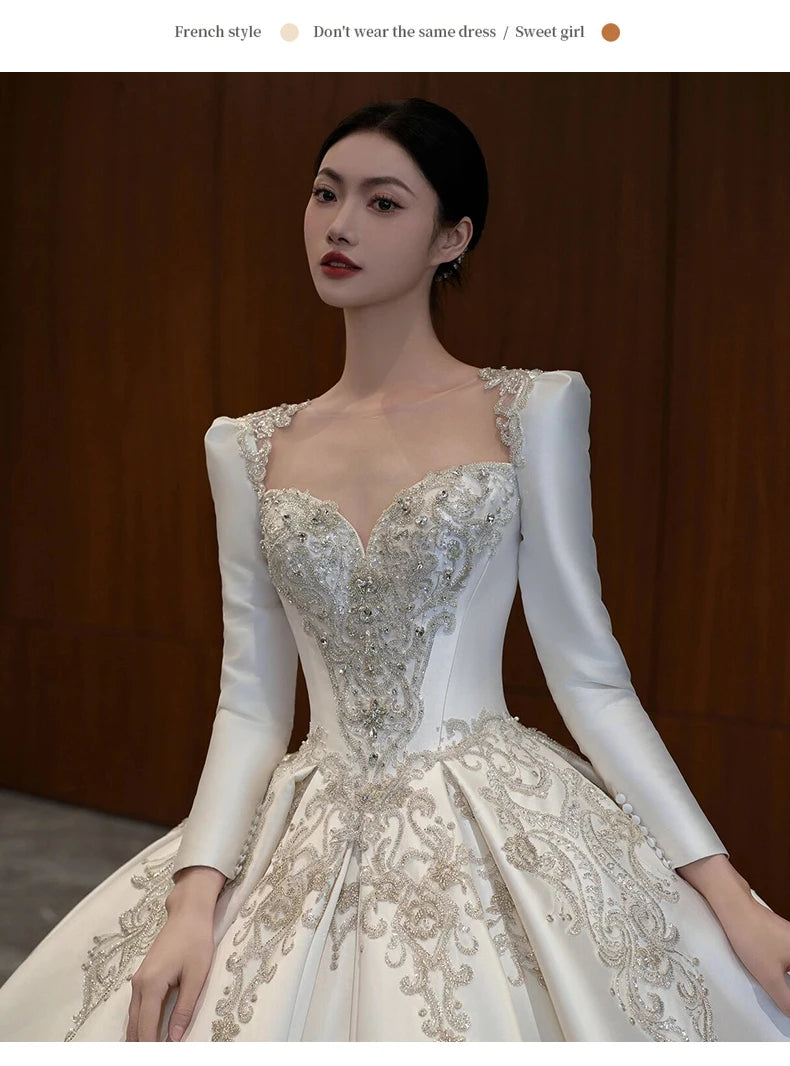 Exquisite Wedding Dress Long Sleeve Satin Embroidery Simple Elegant Bridal Gowns