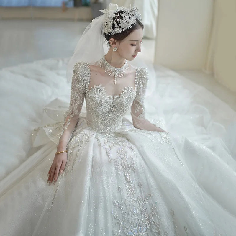 Beading Appliques Tulle White Ball Gown Women Wedding Dresses