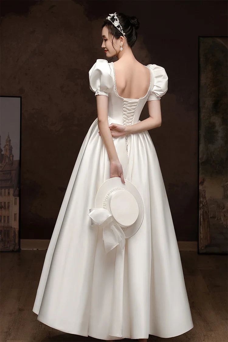 French Style White Satin Puff Sleeve Backless Lace Up Floor Length Gowns