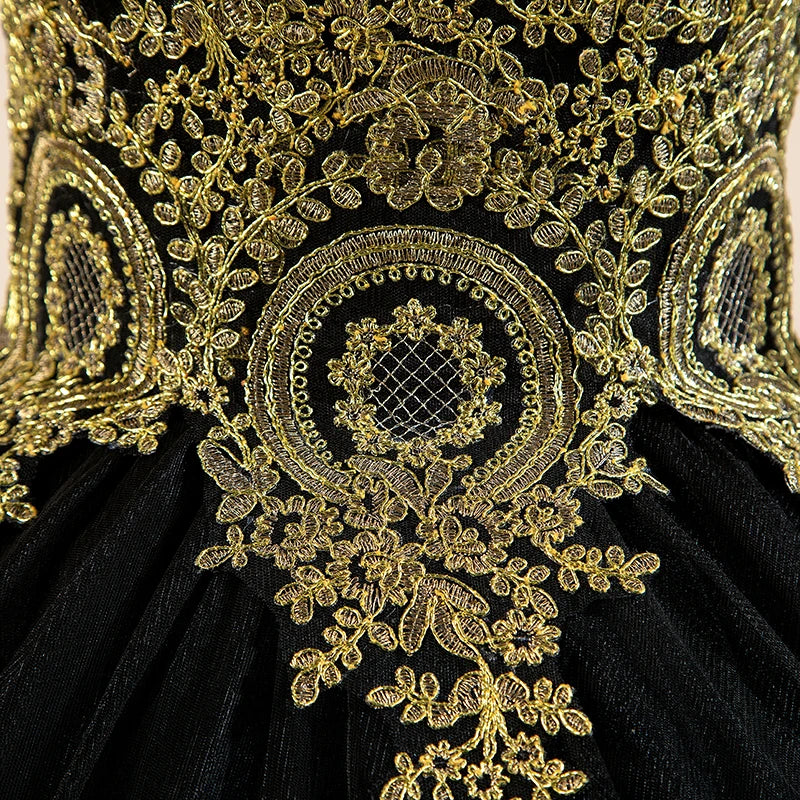 Long Sleeve Quinceanera Dresses Black With Gold Appliques Lace Prom Ball Gown