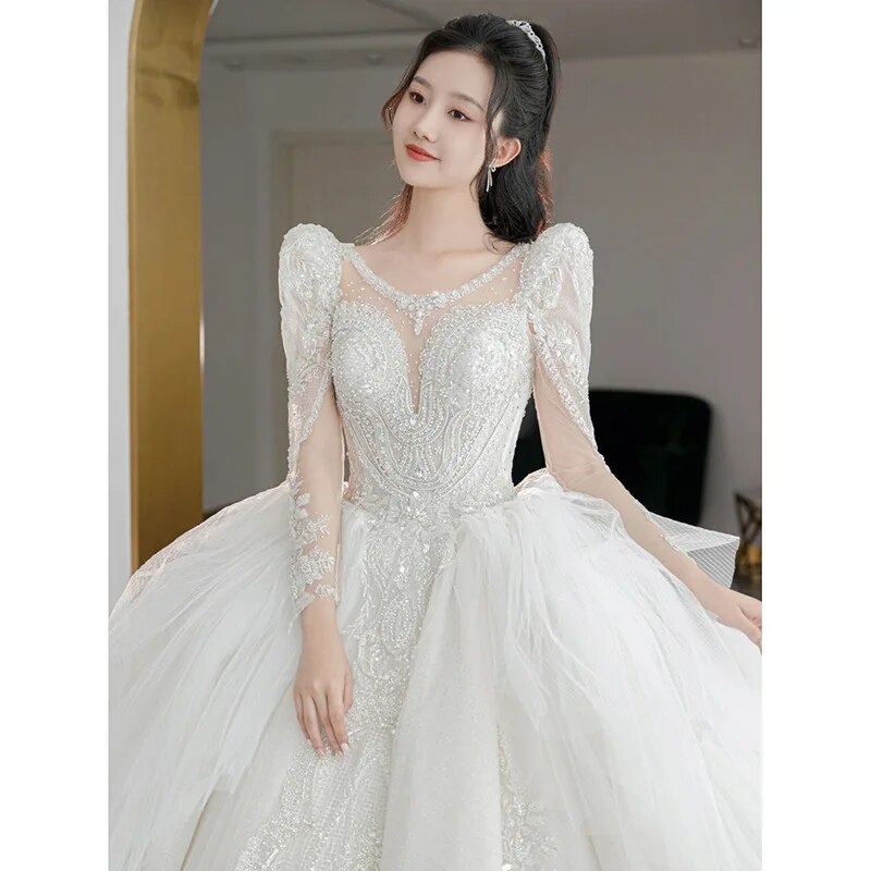 off white Plus Size Wedding Dresses Long Sleeve Luxury CRYSTAL Edge