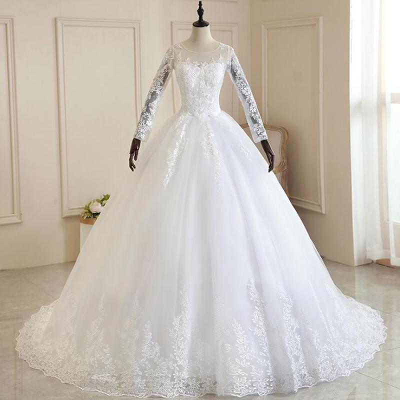 Pure White Full Sleeve Wedding Dress With Train Princess Luxury Weddin ...