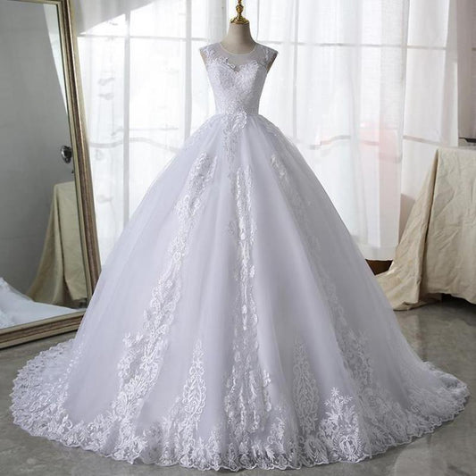 Pure White Lace Wedding Dress With Train Sleeveless Bridal Dress Back Zipper Ball Gown