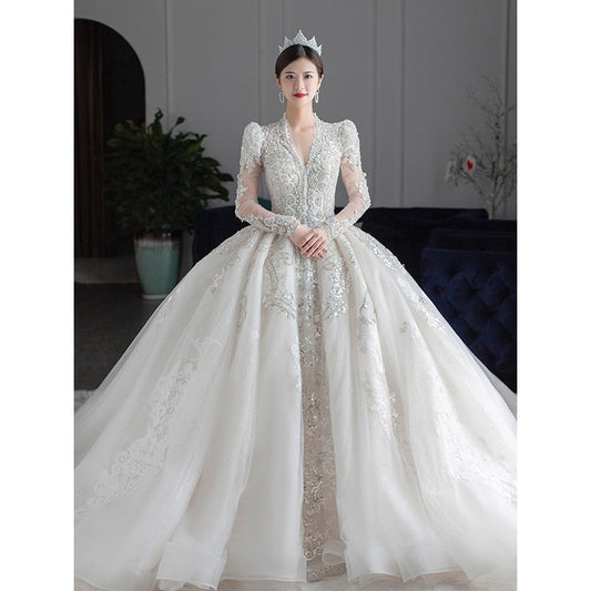 Long Sleeved Winter Wedding Dress 2023 New V Neck Luxury Beading Princes Wedding Gown Vestido De Noiva