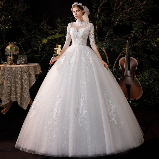 High Neck Wedding Dress Three Quarter Sleeve Lace Up Ball Gown