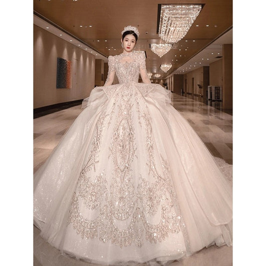 Long Train Wedding Dress Ball Gown Long Sleeve Winter Beading Wedding Gowns