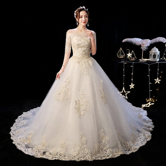 Elegant Boat Neck Sweep Train Princess Wedding Gowns Champagne Lace