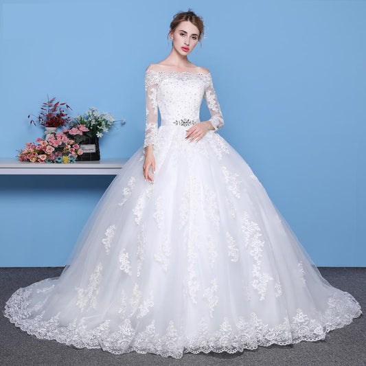 Long Sleeves Wedding Dresses Lace Bridal Bride Gowns Luxury Vintage Off The Shoulder Robe De Mariage