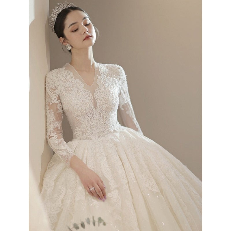 Long Sleeve New Winter V-neck Flower Ball Gown Dresse