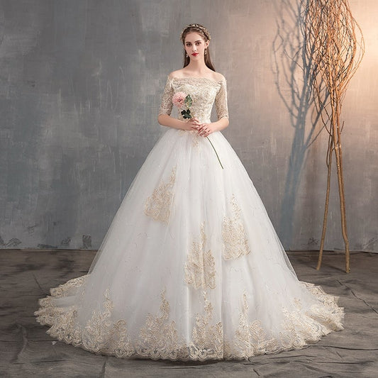 Off The Shoulder Half Sleeve Wedding Gown Lace