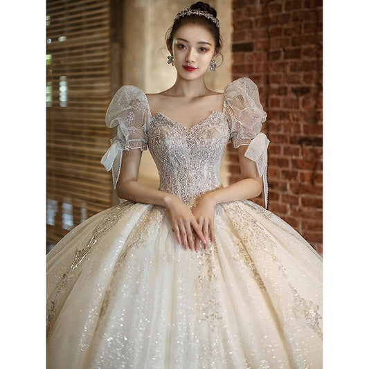 Short Sleeve Embroidered Tulle Ball Gown Wedding Gowns Shinny Princess