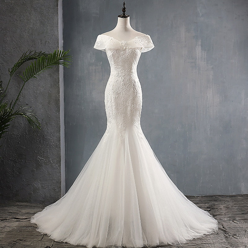 Elegant Sexy Mermaid Off The Should Lace Applique Bride Dress Custom ...