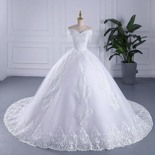 Luxury Crystal Beaded Wedding Dresses New Plus Size White Cap Sleeve Wedding Gown Pretty Lace On Neck Africa Style Wedding Dress