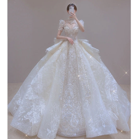 Luxury Vintage Shiny Long Train Big Beading Ball Gown