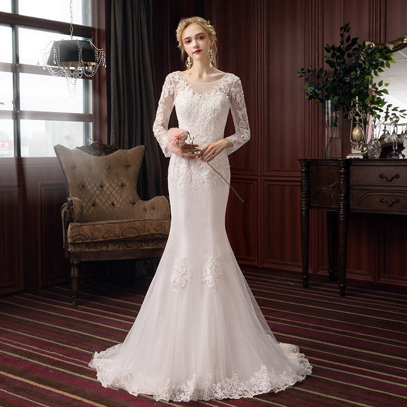 Long Sleeve Mermaid Wedding Dress Simple Lace Applique O-neck – Elleseal