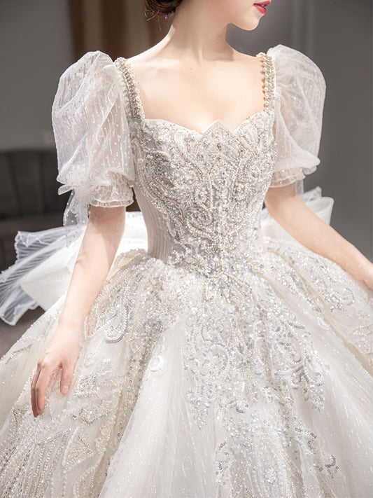 Luxury Wedding Dresses Shiny Big Beading Ball Gown With Long Train Bridal Dress Custom Made Plus Size Vestido De Noiva